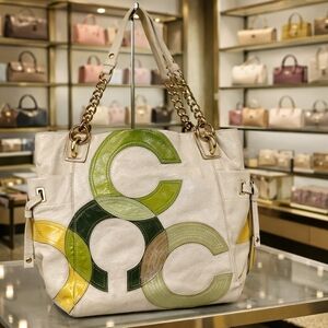 Coach White and Green Graphic Tote Shoulder Large Tote Bag Patent‎ 14516